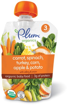 Organic Baby Food, Stage 3, Carrot, Spinach, Turkey, Corn, Apple & Potato, 4 oz (113 g) by Plum Organics-Barns Hälsa, Babyfodring, Mat, Barnmat