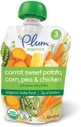 Organic Baby Food, Stage 3, Carrot, Sweet Potato, Corn, Pea & Chicken, 4 oz (113 g) by Plum Organics-Barns Hälsa, Babyfodring, Mat, Barnmat