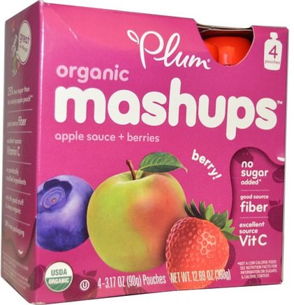 Organic Mashups, Apple Sauce + Berries, Berry, 4 Pouches, 3.17 oz (90 g) Each by Plum Organics-Barns Hälsa, Babyfodring, Mat, Barnmat