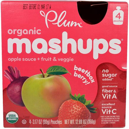 Organic Mashups, Apple Sauce + Fruit & Veggie, Beetbox Berry, 4 Pouches, 3.17 oz (90 g) Each by Plum Organics-Barns Hälsa, Barnmat