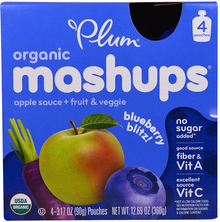 Organic Mashups, Apple Sauce + Fruit & Veggie, Blueberry Blitz, 4 Pouches, 3.17 oz (90 g) Each by Plum Organics-Barns Hälsa, Barnmat