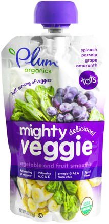 Tots, Organic Mighty Veggie, Spinach, Parsnip, Grape, Amaranth, 4 oz (113 g) by Plum Organics-Barns Hälsa, Babyfodring, Mat, Barnmat