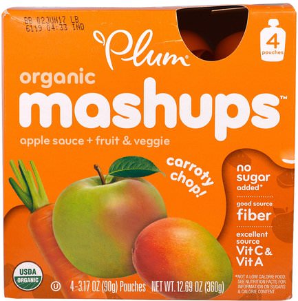 Organic Mashups, Apple Sauce + Fruit & Veggie, Carroty Chop, 4 Pouches, 3.17 oz (90 g) Each by Plum Organics-Barns Hälsa, Babyfodring, Mat, Barnmat