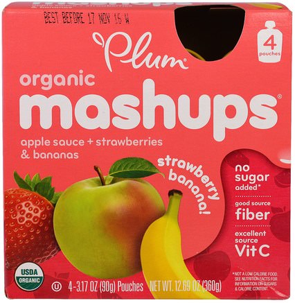 Plum, Organic Mashups, Apple Sauce + Strawberries & Bananas, Strawberry Banana, 4 Pouches, 3.17 oz (90 g) Each by Plum Organics-Barns Hälsa, Babyfodring, Mat, Barnmat