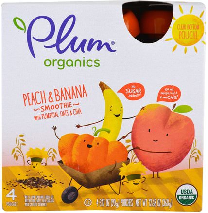 Smoothie, Peach & Banana, Pumpkin, Oats & Chia, 4 Pack-3.17 oz (90 g) Each by Plum Organics-Barns Hälsa, Babyfodring, Mat