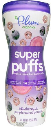 Super Puffs, Organic Veggie, Fruit & Grain Puffs, Blueberry & Purple Sweet Potato, 1.5 oz (42 g) by Plum Organics-Barns Hälsa, Babyfodring, Baby Snacks Och Fingermat, Puffar