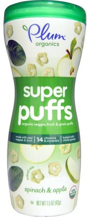 Super Puffs, Organic Veggie, Fruit & Grain Puffs, Spinach & Apple, 1.5 oz (42 g) by Plum Organics-Barns Hälsa, Babyfodring, Baby Snacks Och Fingermat, Puffar