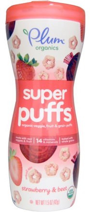 Super Puffs, Organic Veggie, Fruit & Grain Puffs, Strawberry & Beet, 1.5 oz (42 g) by Plum Organics-Barns Hälsa, Babyfodring, Baby Snacks Och Fingermat, Puffar