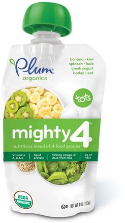 Tots, Mighty 4, Nutritious Blend of 4 Food Groups, Spinach, Kiwi, Barley, Greek Yogurt, 4 oz (113 g) by Plum Organics-Barns Hälsa, Babyfodring, Mat, Barnmat