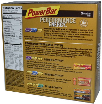 Performance Energy, Chocolate Flavor, 12 Bars, 2.29 oz (65 g) Each by PowerBar-Sport, Protein Barer