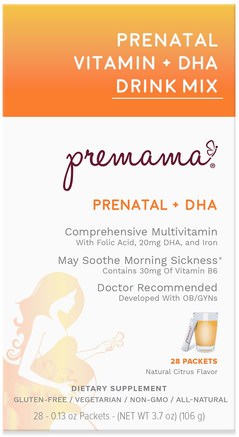 Prenatal Vitamin Drink Mix, Essentials + DHA, Natural Citrus Flavor, 28 Packets, 3.74 oz (106 g) by Premama-Vitaminer, Prenatala Multivitaminer