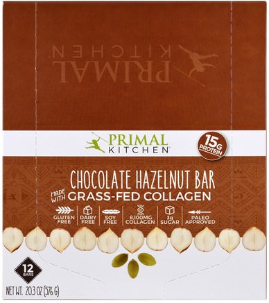 Chocolate Hazelnut, Grass-Fed Collagen, 12 Bars, 1.7 oz (48 g) Each by Primal Kitchen-Hälsa, Ben, Osteoporos, Kollagen