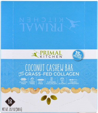 Coconut Cashew, Grass-Fed Collagen, 12 Bars, 1.7 oz (49 g) Each by Primal Kitchen-Hälsa, Ben, Osteoporos, Kollagen