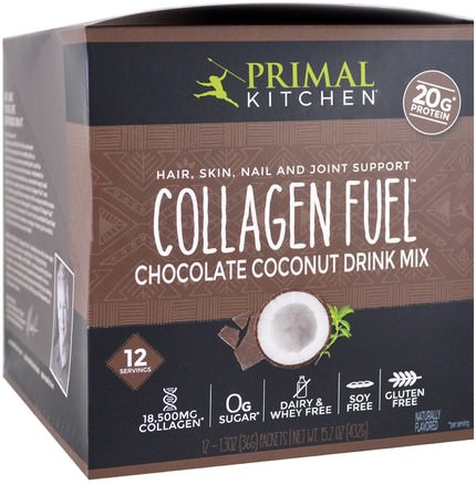 Hair, Skin, Nail and Joint Support Drink Mix, Collagen Fuel, Chocolate Coconut, 12 Packets, 1.3 oz (36 g) Each by Primal Kitchen-Hälsa, Kvinnor