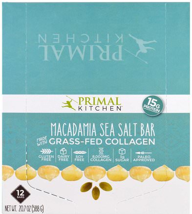 Macadamia Sea Salt, Grass-Fed Collagen, 12 Bars, 1.7 oz (49 g) Each by Primal Kitchen-Hälsa, Ben, Osteoporos, Kollagen