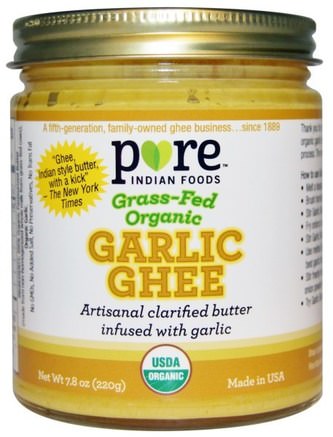 Grass-Fed Organic Garlic Ghee, 7.8 oz (220 g) by Pure Indian Foods-Mat, Ghee, Keto Vänlig