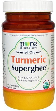 Grass-Fed Organic Turmeric Superghee, 7.5 oz (212 g) by Pure Indian Foods-Mat, Ghee, Keto Vänlig