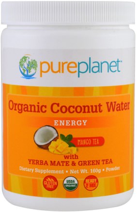 Organic Coconut Water, Energy, Mango Tea, 160 g by Pure Planet-Kosttillskott, Mat, Kokosnöt Hela, Kokosnötvatten