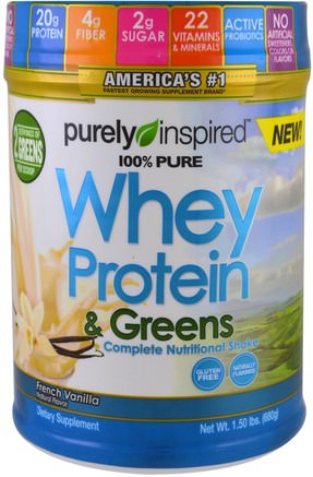 100% Pure Whey Protein & Greens, French Vanilla, 1.5 lbs (680 g) by Purely Inspired-Sport, Kosttillskott, Vassleprotein