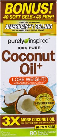 Coconut Oil+, 80 Easy-to-Swallow Soft Gels by Purely Inspired-Mat, Keto Vänlig, Kokosnötolja