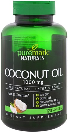 Coconut Oil, 1000 mg, 120 Softgels by PureMark Naturals-Mat, Keto Vänlig, Kokosnötolja