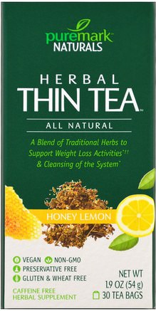 Herbal Thin Tea, Honey Lemon, 30 Tea Bags, 1.9 oz (54 g) by PureMark Naturals-Kosttillskott, Antioxidanter, Örtte