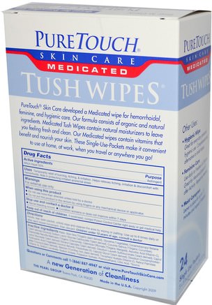 Medicated Tush Wipes, 24 Single Use Packets, 5 in x 8 in Each by PureTouch Skin Care-Bad, Skönhet, Toalettpapper