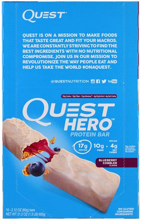 Hero Protein Bar, Blueberry Cobbler, 10 Bars, 2.12 oz (60 g) Each by Quest Nutrition-Kosttillskott, Näringsmässiga Barer, Sport