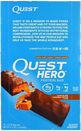 Hero Protein Bar, Chocolate Caramel Pecan, 10 Bars, 2.12 oz (60 g) Each by Quest Nutrition-Kosttillskott, Näringsmässiga Barer, Sport