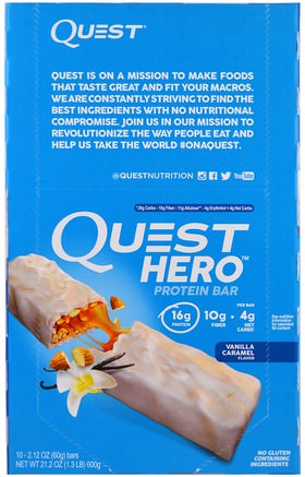 Hero Protein Bar, Vanilla Caramel, 10 Bars, 2.12 oz (60g) Each by Quest Nutrition-Kosttillskott, Näringsmässiga Barer, Sport