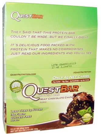 Quest Bar, Protein Bar, Mint Chocolate, 12 Bars, 2.1 oz (60 g) Each by Quest Nutrition-Sport, Protein Barer