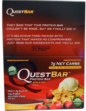 QuestBar, Protein Bar, Apple Pie, 12 Bars, 2.1 oz (60 g) Each by Quest Nutrition-Sport, Protein Barer