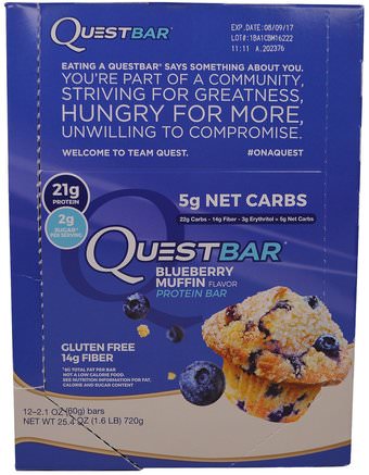 QuestBar, Protein Bar, Blueberry Muffin, 12 Bars, 2.1 oz (60 g) Each by Quest Nutrition-Kosttillskott, Näringsstänger, Proteinstänger