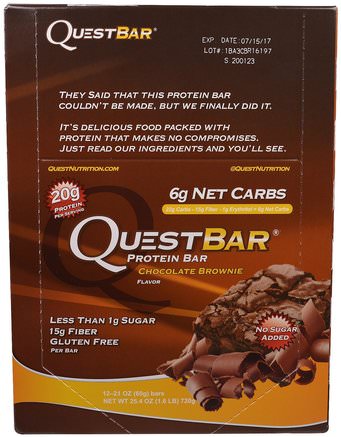 QuestBar, Protein Bar, Chocolate Brownie, 12 Bars, 2.1 oz (60 g) Each by Quest Nutrition-Sport, Protein Barer