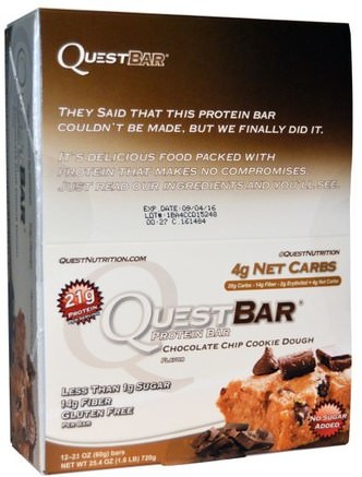 QuestBar, Protein Bar, Chocolate Chip Cookie Dough, 12 Bars, 2.1 oz (60 g) Each by Quest Nutrition-Sport, Protein Barer