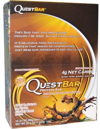 QuestBar, Protein Bar, Chocolate Peanut Butter, 12 Bars, 2.1 oz (60 g) Each by Quest Nutrition-Sport, Protein Barer