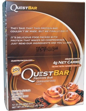 QuestBar, Protein Bar, Cinnamon Roll, 12 Bars, 2.1 oz (60 g) Each by Quest Nutrition-Sport, Protein Barer