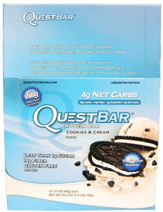 QuestBar, Protein Bar, Cookies & Cream, 12 Bars, 2.1 (60 g) Each by Quest Nutrition-Sport, Protein Barer