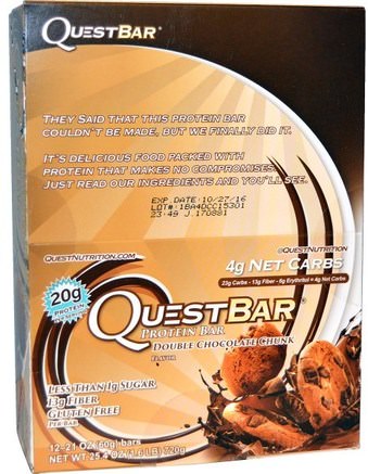 QuestBar, Protein Bar, Double Chocolate Chunk, 12 Bars, 2.1 oz (60 g) Each by Quest Nutrition-Sport, Protein Barer