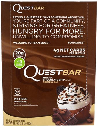 QuestBar, Protein Bar, Mocha Chocolate Chip, 12 Bars, 2.12 oz (60 g) Each by Quest Nutrition-Kosttillskott, Näringsmässiga Barer, Sport