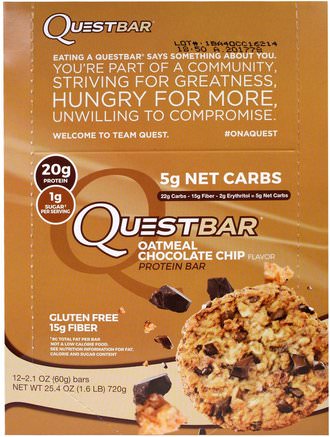 QuestBar, Protein Bar, Oatmeal Chocolate Chip, 12 Bars, 2.1 oz (60 g) Each by Quest Nutrition-Kosttillskott, Näringsstänger, Proteinstänger