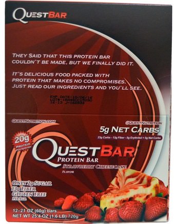 QuestBar, Protein Bar, Strawberry Cheesecake, 12 Bars, 2.1 oz (60 g) Each by Quest Nutrition-Sport, Protein Barer