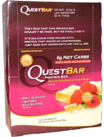 QuestBar, Protein Bar, White Chocolate Raspberry, 12 Bars, 2.1 oz (60 g) Each by Quest Nutrition-Sport, Protein Barer