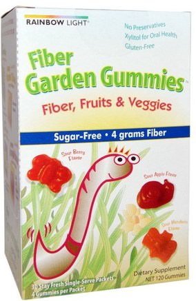 Fiber Garden Gummies, Sour Berry, Apple & Mandarin Flavors, 30 Packets, 4 Gummies (8 g) Each by Rainbow Light-Kosttillskott, Fiber, Kosttillskott Barn