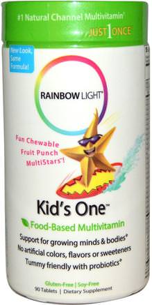 Kids One, Multistars, Food-Based Multivitamin, Fruit Punch, 90 Chewable Tablets by Rainbow Light-Vitaminer, Multivitaminer, Barn Multivitaminer