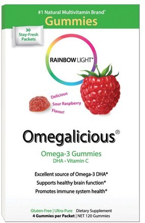 Omegalicious, Omega-3 Gummies, Sour Raspberry, 30 Packets, (4 Gummies) Each by Rainbow Light-Kosttillskott, Efa Omega 3 6 9 (Epa Dha), Dha, Epa, Värmekänsliga Produkter