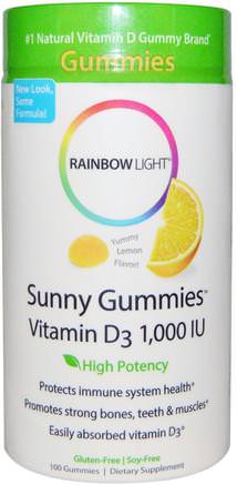 Sunny Gummies Vitamin D3, Lemon Flavor, 1.000 IU, 100 Gummies by Rainbow Light-Värmekänsliga Produkter, Vitaminer, Vitamin D Gummier