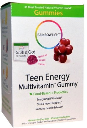 Teen Energy Multivitamin Gummy, Delicious Grape Flavor, 30 Packets by Rainbow Light-Vitaminer, Multivitaminer, Barn Multivitaminer, Värmekänsliga Produkter