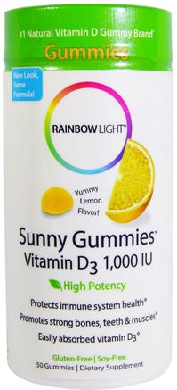 Sunny Gummies, Vitamin D3, Lemon Flavor, 1.000 IU, 50 Gummies by Rainbow Light-Värmekänsliga Produkter, Vitaminer, Vitamin D Gummier