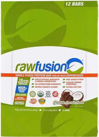Whole Foods Protein Bar, Chocolate Coconut Chunk, 12 Bars, 2.5 oz (70 g) Each by Raw Fusion-Mat, Mellanmål, Sport